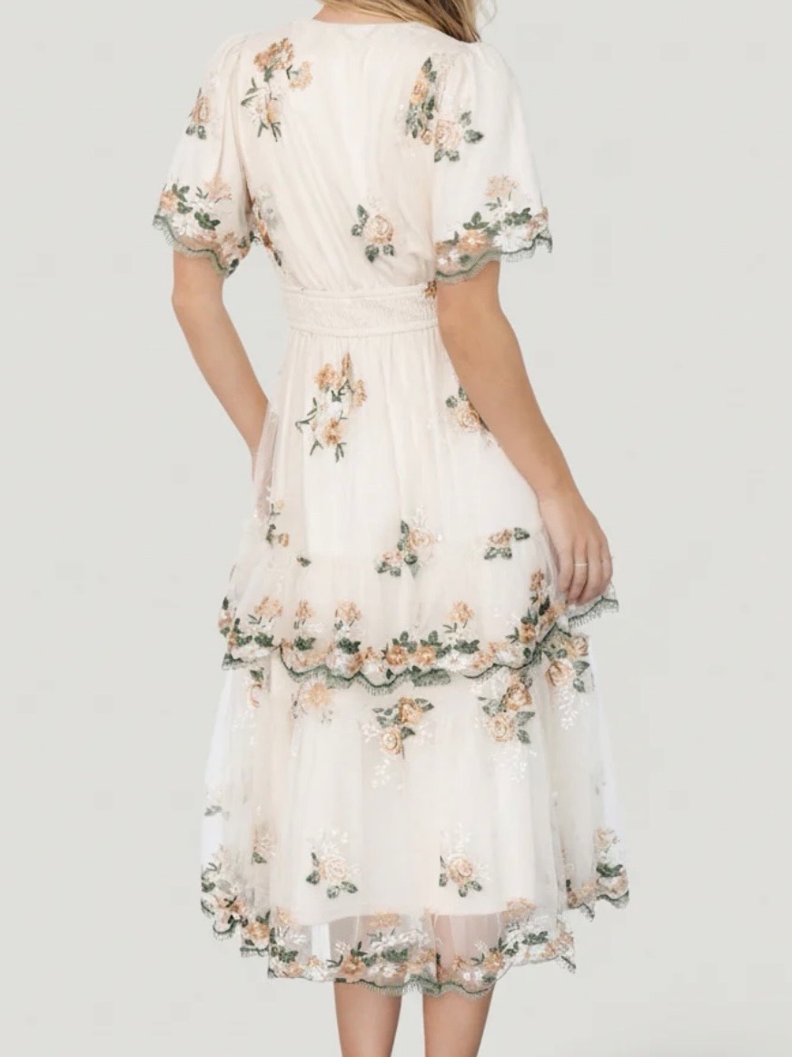 Shop Stevie Cream Floral Lace-Trim Midi Tulle Dress — image 2 of 8